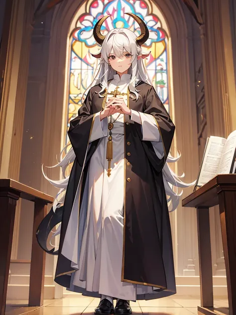 Priest dress, big chest, withe hair, goat horn, Hand in hand.,full body, a church