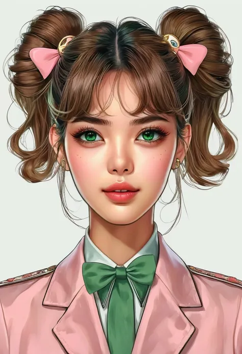 (Digital Illustration，Detailed anime style girl portrait，Solitary，symmetry)，(Big colorful eyes，Fashionable and exquisite facial features，Exquisite makeup，Sweet smile，Star symbol mark on cheek，Soulful gaze，)，(Fluffy high ponytails，Hairpin)，(White high colla...