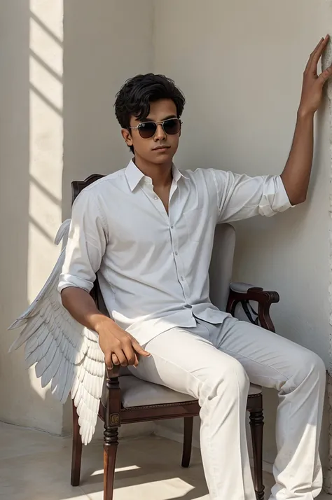 create realistic image A 21 year old Boy is sitting on a king chair with white wings and behind him the color of the wall is gray on which “RAJAN” is written in curve style, sun glass