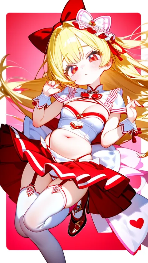 pop idol girl with a magical girl theme, blond hair, red eyes, her belly free idol outfit is colored red and white and made with an magical girl theme in mind, she is wearing matching stockings and heels also made in a macical girl style, her top gives a s...