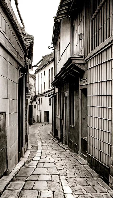 Medieval Europe，Old town streets。Black and white line drawing，have no color，No shadow