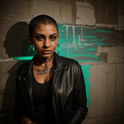 Brown woman with shaved hair with green eyes tattooed on her cheek and neck with a piercing in her nose and ear in a bartender uniform wearing a black jacket and black pants behind her a wall spray-painted at night the photo medium short shot 