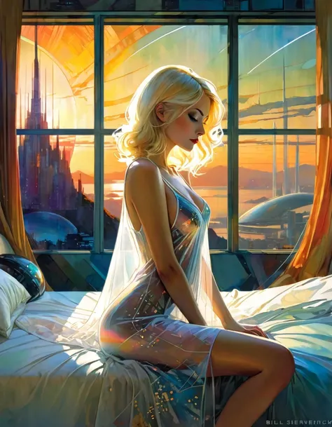 sexy girl, transparent embroidered nightgown, blonde, in bed, eroticism, large window, sunrise, ((large futuristic landscape:1.5)), large library in the room, large amount of details (art inspired by Bill Sienkiewicz). oil painting)
