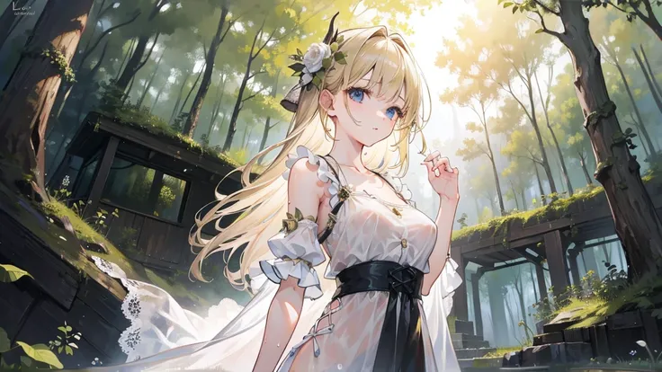 (masterpiece), (best quality), (detailed), Light Layer, 1 Solo Girl, Young girl in the forest, Sexy Sheer Colonial Dress, Perfect body, Blonde hair, Clear , Well-defined collarbone, surreal, lifelike, detailed, Perky transparent nipples, Wet clothes,