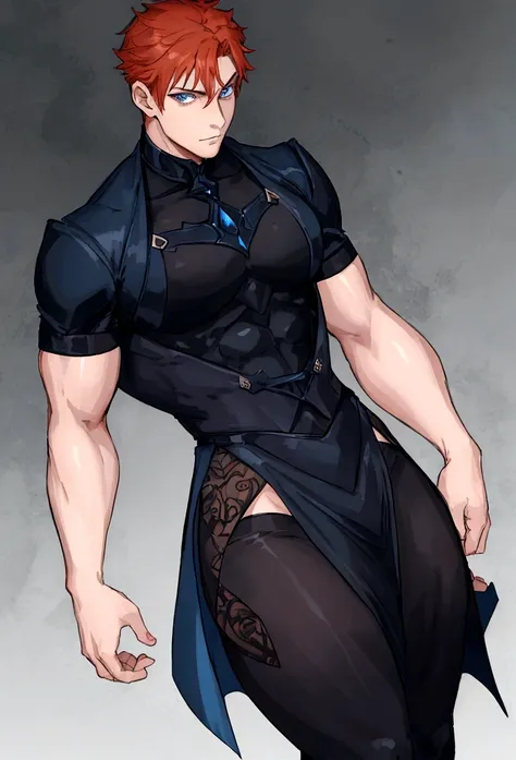 a mad male with blue eyes and ginger hair, with his arms crossed , wearing a sensual black dress that reveals his big hips and thighs 