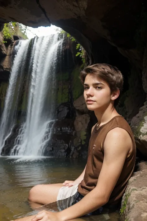 A caucasian 15 Years Old teenager boy have A brown hair and not wearing clotes in the waterfall.