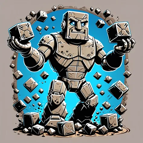 A large stone golem juggles stone blocks, a stone golem is a juggler, stone blocks fly around a stone golem, vector graphics style, clear outlines, gradients, high contrast, childrens illustration