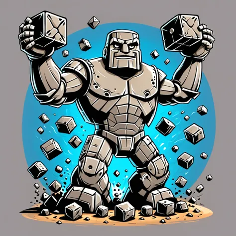 A large stone golem juggles stone blocks, a stone golem is a juggler, stone blocks fly around a stone golem, vector graphics style, clear outlines, gradients, high contrast, childrens illustration