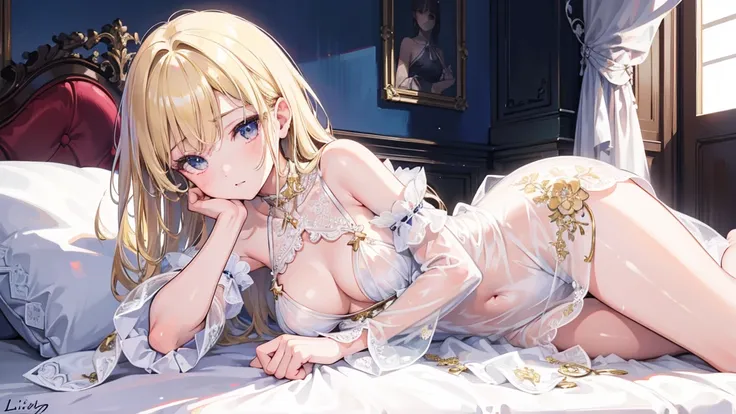 (masterpiece), (best quality), (detailed), Light Layer, 1 solo girl, Young girl in bed, Sexy Sheer Colonial Dress, Perfect body, Blonde hair, Clear chest, Well-defined collarbone, Surreal, lifelike, detailed, Perky transparent nipples, Wet clothes