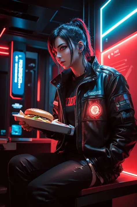 Cyberpunk style burger with red and blue lighting