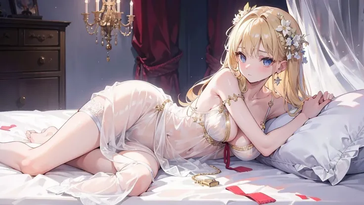 (masterpiece), (best quality), (detailed), Light Layer, 1 solo girl, Young girl in bed, Sexy Sheer Colonial Dress, Perfect body, Blonde hair, Clear chest, Well-defined collarbone, Surreal, lifelike, detailed, Perky transparent nipples, Wet clothes