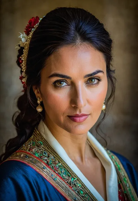 Un portrait étonnant d&#39;une belle femme brune vêtue de noir, dark brown eyes, Cheveux noirs, Cheveux raides, queue de cheval, superbe trait du visage, Des yeux parfaits, ultra realistic eyes, visage parfait, corps parfait, cinematographic, color analog ...