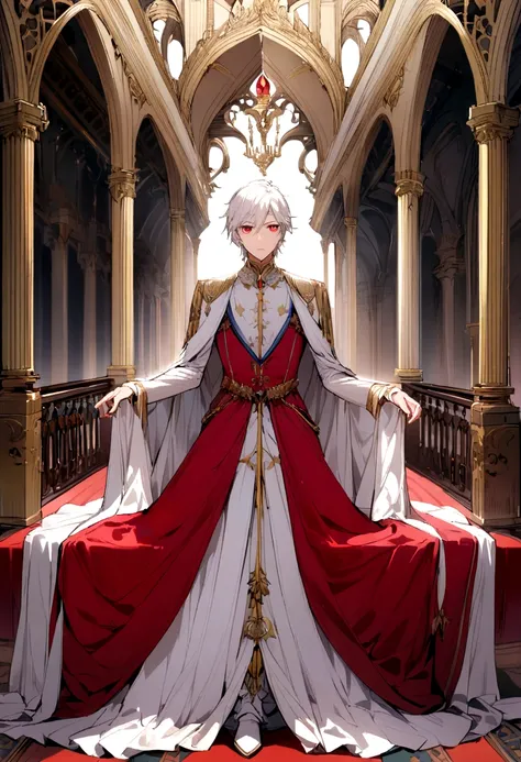 A boy with white hair and red eyes dressed as a prince (royal knight) being in a palace