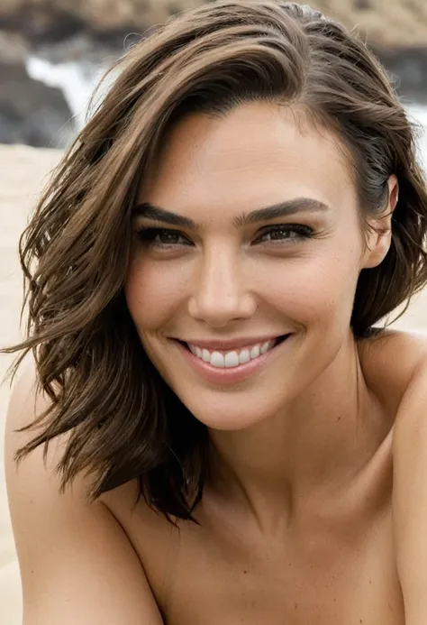 high quality   photograph  of lauren cohan as gal gadot nude in beach , erotic magazine photograph , naked celebrity , erotic ph...