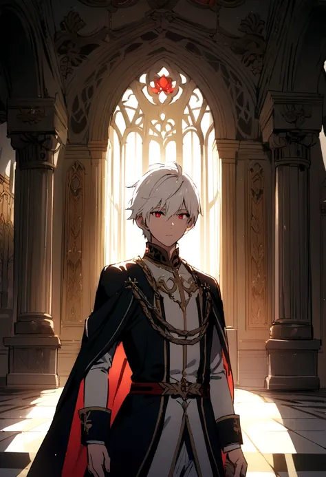 A boy with white hair and red eyes dressed as a prince (royal knight) being in a palace