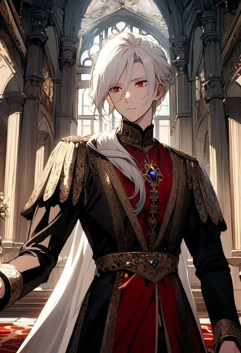 A boy with white hair and red eyes dressed as a prince (royal knight) being in a palace