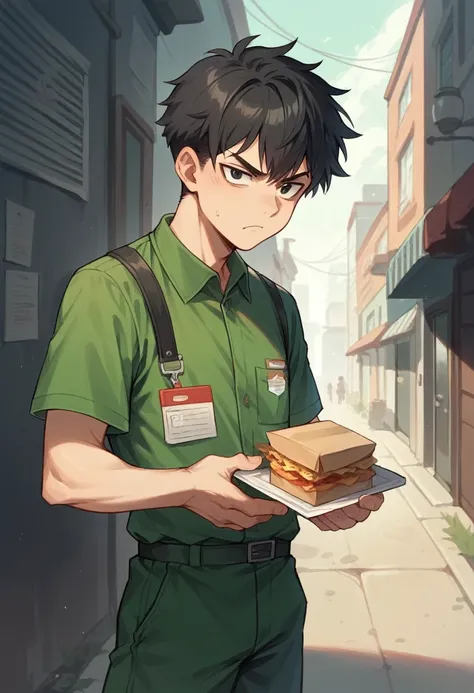 A young man, restaurant delivery courier outfit, with a firm, intimidating face, black eyes, short black hair, background of an alley in the early evening