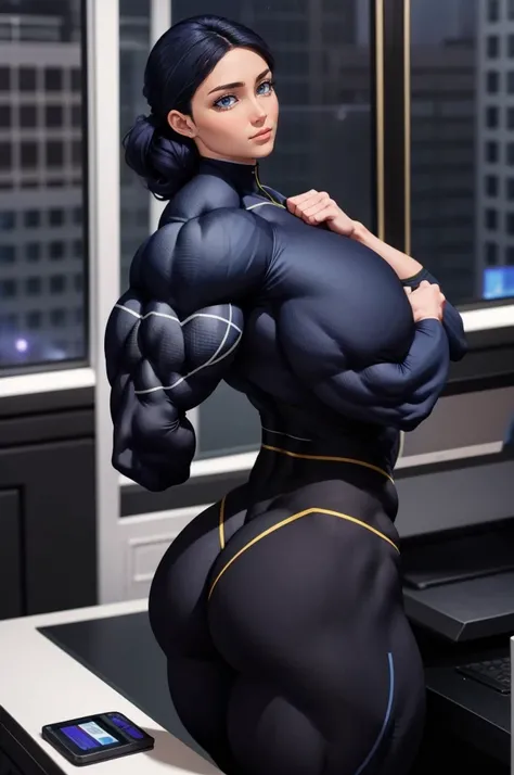 a muscular female bodybuilder in office suit, detailed face, beautiful detailed eyes, beautiful detailed lips, extremely detailed face and muscles, long eyelashes, strong muscles bulging through suit, dynamic pose, professional studio lighting, hyperrealis...