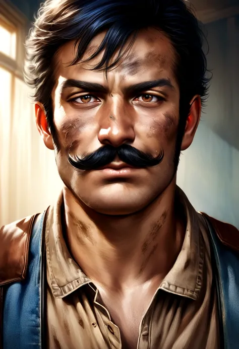 Photorealistic portrait of a man in his 20s in ranchers clothes in a tanned shirt, Suspenders and blue jeans, Photorealistic, Natural hair, Natural face, mustache, sideburns, , Hyper Detailed, The sun was beaten, dirty. showing dick