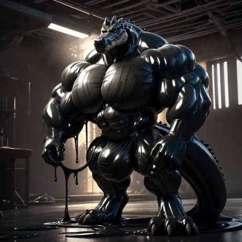 solo, male, , , ,  (hyper pecs:1.2), （long thick thighs:1.5）, standing, indoor,，(，,(,solo,very hyper muscles:1.3)((, Huge bulge：1.3))）（corruption)), black glowing liquid，（((liquid_latex, , rubber:1.2)，,black latex，goo transformation，(gooey)()(l），unreal eng...