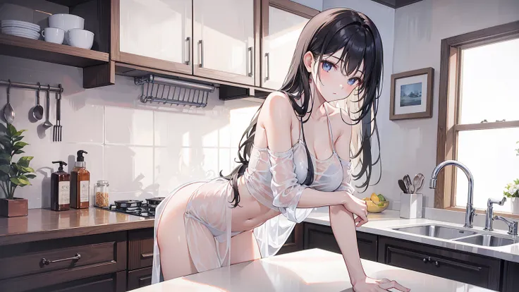 masterpiece, best quality, a sexy woman with a beautiful hips in the kitchen posing by a sink, 1 girl, sink, Yes, naked Yes, Solitary, See-through shirt, Bottomless, No, indoors, Black long hair,Hips facing the camera