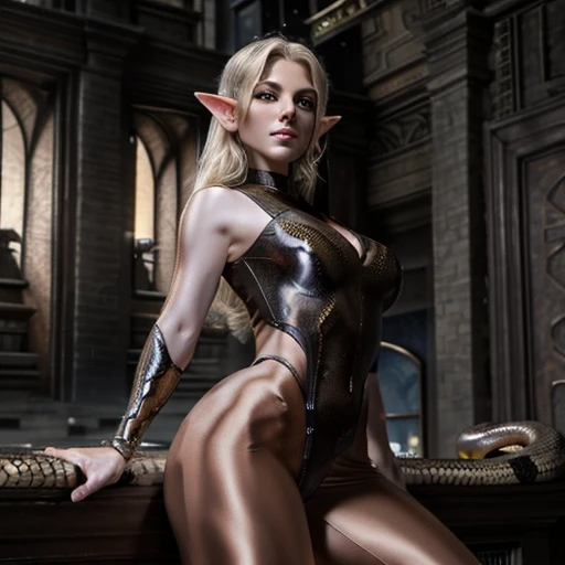 masterpiece, a beautiful elf with a perfect and sensual face, her fit body is made of hyper-realistic snake skin (todo cuerpo piel de serpiente), great detail of textures. The elf is a beautiful superhero, strong hard breasts, sexy image, intricate details...