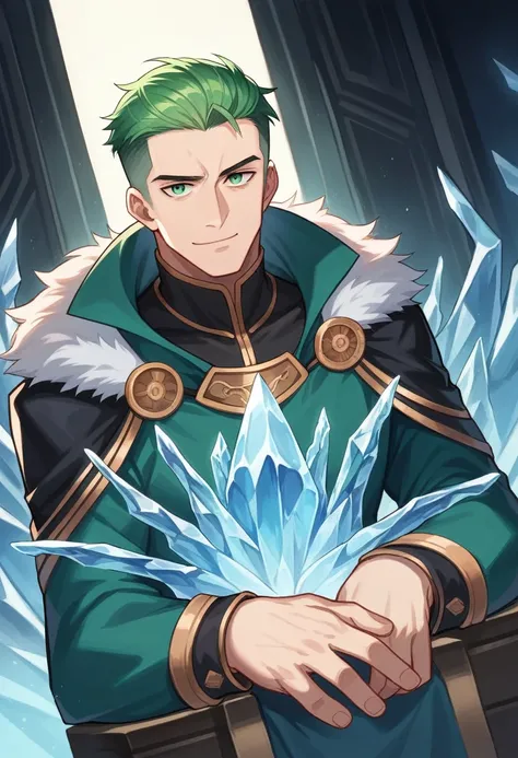 (absurdres, highres, ultra detailed), 1 male, cool, ((handsome)), serious face, layer hair, green hair, wolfcut hairstyle, green eyes, finely detailed eyes, fantasy, complex pattern, detailed face, throne, magic effect, best ratio four finger and one thumb...