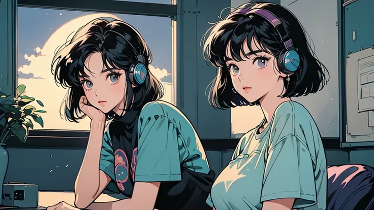 A very detailed beautiful woman, Perfect face,Black Hair, bob cut,Bangs, Gray eyes, Top of crop, Short sleeve, crop top, Huge breasts, 90s anime style、night、studio、A moon、girl wearing headphones、Late Night Room、listen to music alone、urban pop、Low image qua...