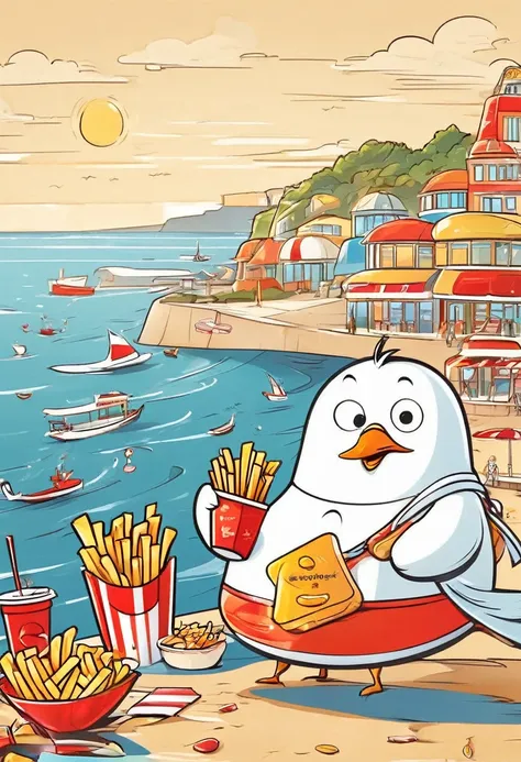 the art of math，fun illustrations，beautiful seaside，fat mr. seagull eats french fries again，enjoy your holiday，relax，