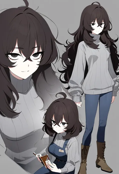 one woman,downer,older sister,concept art,dark brown hair,straight hair with slight inward curls,staring eyes,eye ridge,black ey...