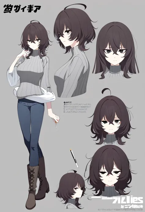 one woman,downer,older sister,concept art,dark brown hair,straight hair with slight inward curls,staring eyes,eye ridge,black ey...