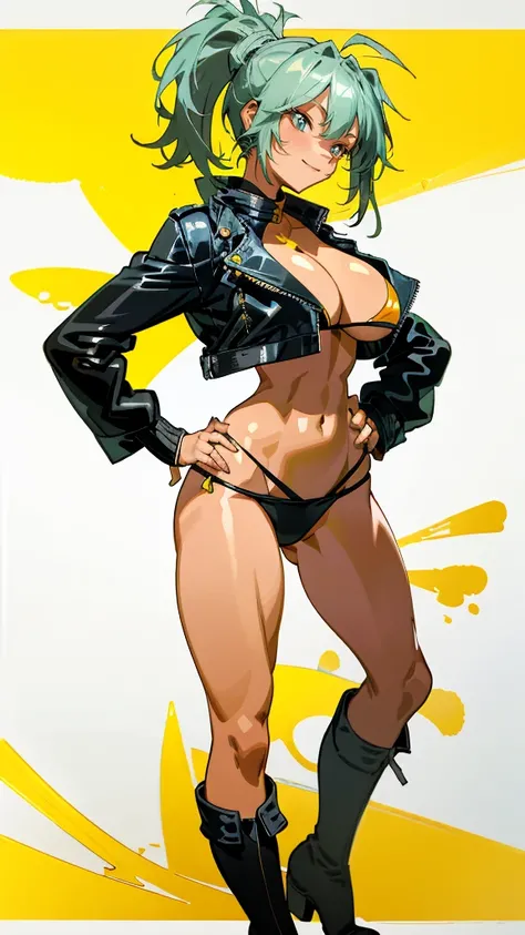 Masterpiece, best quality, Masterpiece, best quality, 1 woman  , blue eyes , yellow ponytail , black leather jacket , sly face , smile , bikini , abdomen, big breasts , Long legs , boots , hands on hips , blank background