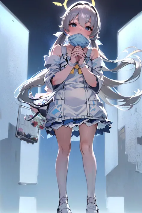 masterpiece,Highest quality,Super detailed, (((Pastel sky blue and white mullet)))) , ((((Woman covering her mouth with both hands))), Cute and adorable high school student, hoodie,Off the shoulder:1.2, Mostima, Arknights, smile, Penguin Logistics, magazin...