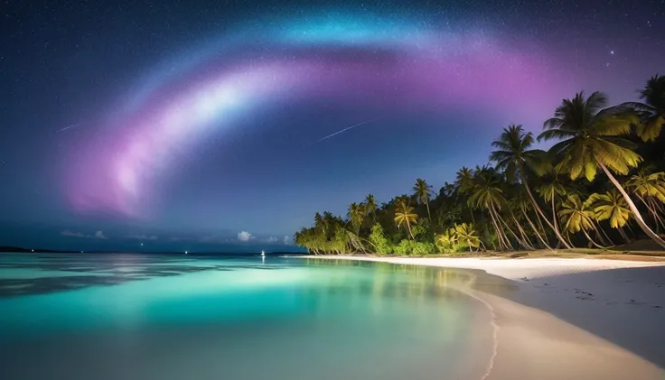 "A beach with clear, bright blue water, soft white sand, beautiful coconut trees, a clear night sky filled with stars and a vibrant aurora."