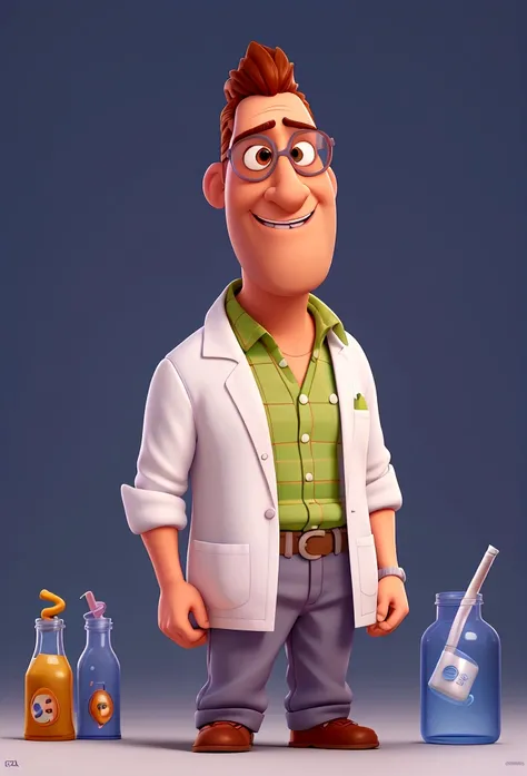 Cartoon character of a man with white glasses and a lab coat, Holding medicine, animation character, Caractere estilizado, animation style rendering, 3D estilizado, Arnold Maya render, 3 d render stylized, toon render keyshot, Personagem 3D, Personagem 3D,...