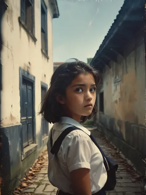 35mm film, An extreme low angle captivating photograph taken from the ground level below of a young girl in junior high school posing outdoor with the background of a vintage colonial building, creating a dramatic, upward perspective. She is silhouetted ag...