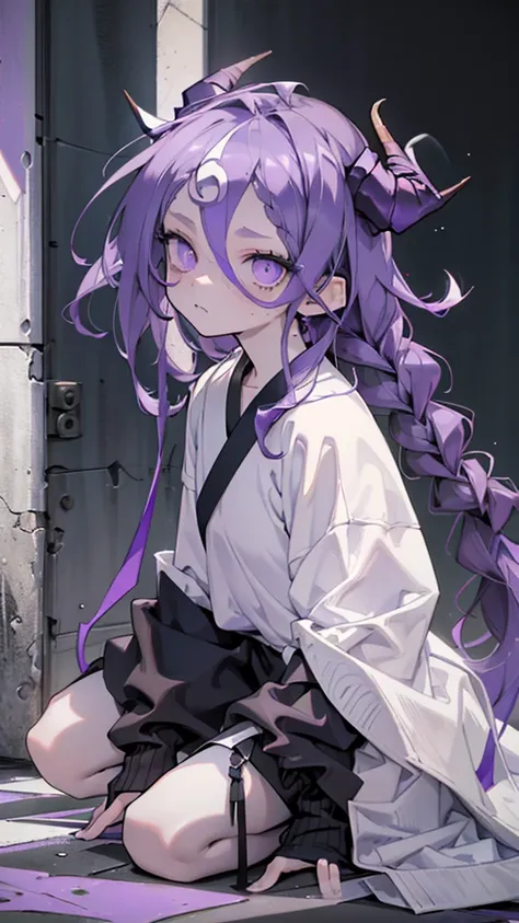 BOY. open forehead. Long dark purple hair braided on the left side. Black horns with white ribbon. pale violet eyes. Long white t-shirt. Dark purple shorts. Dark purple knee socks. Robe with a white hood with an ornament of gold rings. Concrete walls purpl...