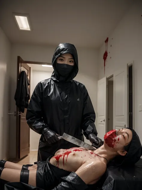 korean girl, (behind corpse, surgical mask), multiple girls, holding knife, stabbing, black raincoat, black gloves, hood up, room full of blood, black wet suit, holding knife, black gloves, behind corpse, blood splatter, short hair, night, mass murderer, r...