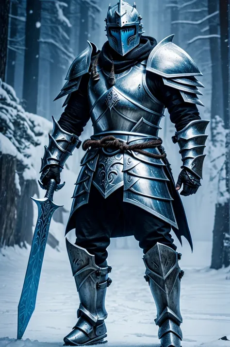 Ice ninja mixed with knight, fully clad in armor with full helmet, kinda looks like the lich king but leaner