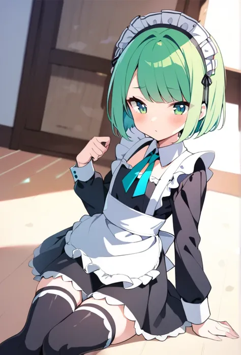 1 girl, cute, young, green hair, bob haircut, green eyes, maid, thigh high,