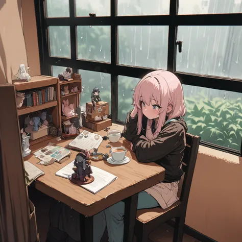 ((anime:1.4,figure)),(masterpiece, Highest quality, Highest quality),(Super detailed, The absolute solution),((16K, High resolution)), (((Cozy café interior, Wet day, Comfortable chair, Book, soft, Large window with raindrops, A steaming cup of tea or coff...