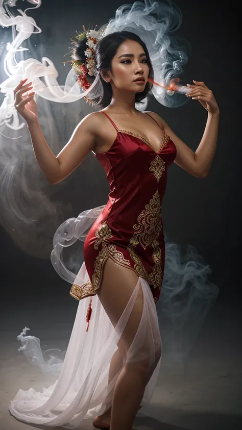 dancing javanese woman in white and red smoke, translucent traditional dress, smoke, vapor, art Nouveau, dynamic sensual pose, full figure, smoky hair, perfect facial features, clear realistic eyes, perfect mouth, smooth skin, weathercore, mythical, vortic...