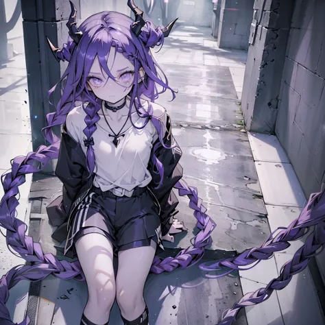 BOY. open forehead. Long dark purple hair braided on the left side. Black horns with white ribbon. pale violet eyes. Long white t-shirt. Dark purple shorts. Dark purple knee socks. Robe with a white hood with an ornament of gold rings. Concrete walls purpl...