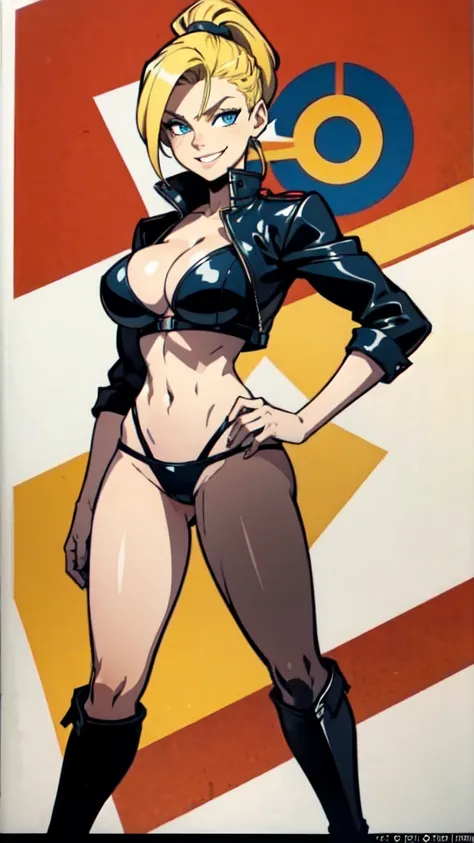 Masterpiece, best quality, Masterpiece, best quality, 1 woman  , blue eyes , yellow ponytail , black leather jacket , sly face , smile , bikini , abdomen, big breasts , Long legs , boots , hands on hips , blank background