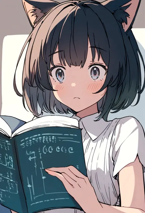 Cute anime cat girl reading a C programming language book looking confused, Standard C programming, high quality, looking at the book