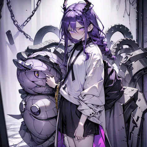 BOY. open forehead. Long dark purple hair braided on the left side. Black horns with white ribbon. pale violet eyes. Long white t-shirt. Dark purple shorts. Dark purple knee socks. Robe with a white hood with an ornament of gold rings. Concrete walls black...