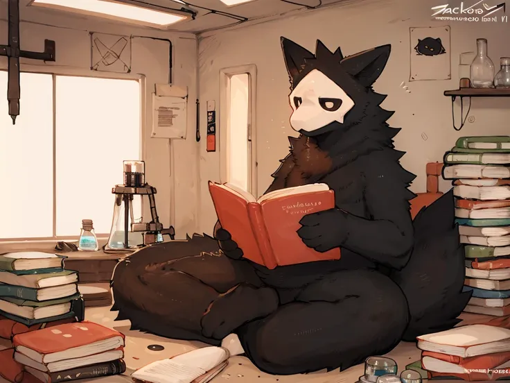 ((by Bebebebebe, by Zackary911, by SpiritD, best quality, masterpiece, perfect anatomy, detailed picture)), 1male, Puro, latex wolf, black furs, skinny chub, white eyes, tail, deadpan, naked, laboratory room, sitting on a large cushion, reading a book, sta...