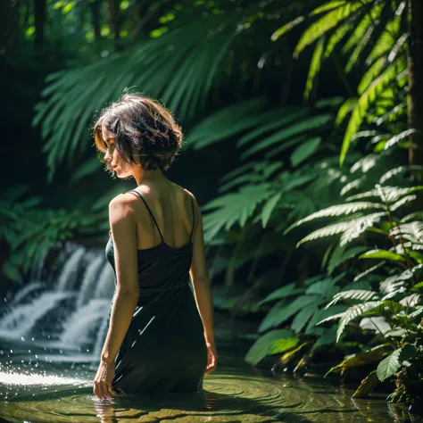 Best quality, masterpiece, ultra high res, (photorealistic:1.5), full body shot from a danish young pretty women wearing sundress with woolen fabric submarged in water with waterfall in background, dark forest atmosphere, dynamic deep shadow, low key, sunl...