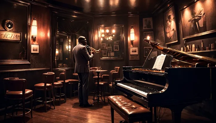 a moody scene at a intimate jazzclub, dark and smokey, a sole saxophonist is playing the gig of a lifetime, insane intricate detail, award winning art, raytracing, sharp focus, 8k, hdr, masterpiece, professional, highly detailed, perfect hands