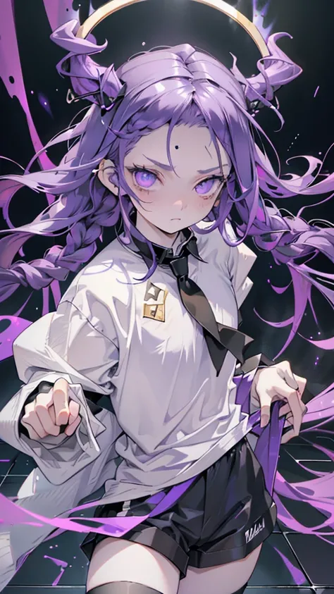 BOY. open forehead. Long dark purple hair braided on the left side. Black horns with white ribbon. pale violet eyes. Long white t-shirt. Dark purple shorts. Dark purple knee socks. Robe with a white hood with an ornament of gold rings. Concrete walls black...